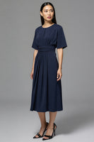 Load image into Gallery viewer, Navy Satin A Line Ruched Midi Work Dress