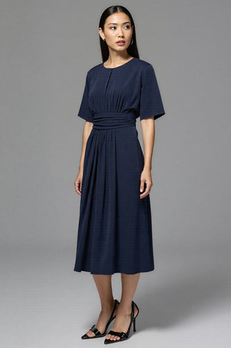 Navy Satin A Line Ruched Midi Work Dress
