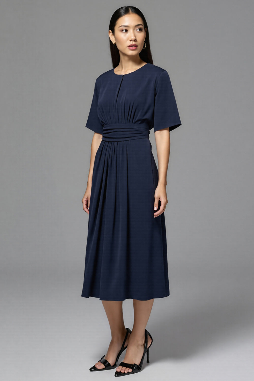 Navy Satin A Line Ruched Midi Work Dress