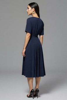 Navy Satin A Line Ruched Midi Work Dress