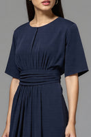 Load image into Gallery viewer, Navy Satin A Line Ruched Midi Work Dress