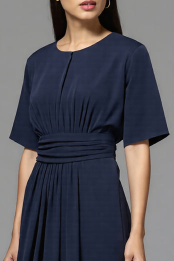 Navy Satin A Line Ruched Midi Work Dress
