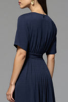 Load image into Gallery viewer, Navy Satin A Line Ruched Midi Work Dress