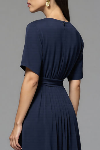 Navy Satin A Line Ruched Midi Work Dress