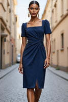 Load image into Gallery viewer, Navy Bodycon Satin Square Neck Ruched Midi Work Dress
