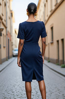 Load image into Gallery viewer, Navy Bodycon Satin Square Neck Ruched Midi Work Dress