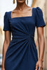 Load image into Gallery viewer, Navy Bodycon Satin Square Neck Ruched Midi Work Dress