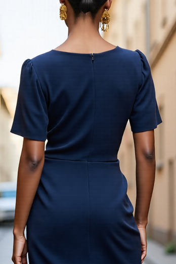 Navy Bodycon Satin Square Neck Ruched Midi Work Dress