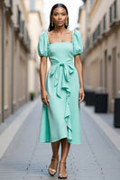 Load image into Gallery viewer, Mint Green A Line Satin Midi Work Dress with Ruffles
