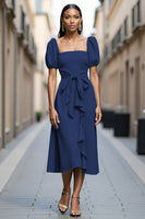 Load image into Gallery viewer, Mint Green A Line Satin Midi Work Dress with Ruffles