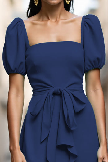 Mint Green A Line Satin Midi Work Dress with Ruffles