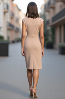 Load image into Gallery viewer, Champagne Bodycon Ruched Midi Satin Work Dress