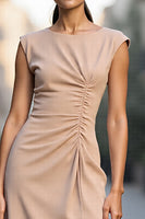Load image into Gallery viewer, Champagne Bodycon Ruched Midi Satin Work Dress