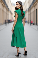 Load image into Gallery viewer, Green A Line V Neck Ruffled Midi Work Dress with Sleeves