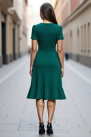 Load image into Gallery viewer, Dark Green A Line Satin V Neck Midi Work Dress with Ruffles