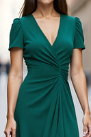 Load image into Gallery viewer, Dark Green A Line Satin V Neck Midi Work Dress with Ruffles