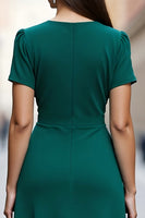 Load image into Gallery viewer, Dark Green A Line Satin V Neck Midi Work Dress with Ruffles