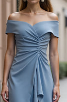 Load image into Gallery viewer, Grey Blue Satin A Line Off the Shoulder Ruched Midi Work Dress