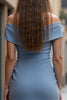 Load image into Gallery viewer, Grey Blue Satin A Line Off the Shoulder Ruched Midi Work Dress