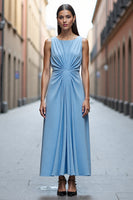 Load image into Gallery viewer, Sky Blue Satin Ruched A Line Long Work Dress