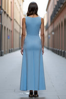 Load image into Gallery viewer, Sky Blue Satin Ruched A Line Long Work Dress