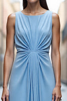 Load image into Gallery viewer, Sky Blue Satin Ruched A Line Long Work Dress