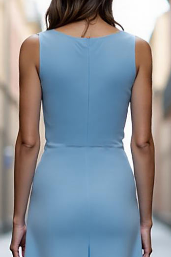 Sky Blue Satin Ruched A Line Long Work Dress