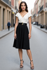Load image into Gallery viewer, Black and White Satin A Line V Neck Midi Work Dress