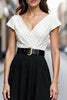 Load image into Gallery viewer, Black and White Satin A Line V Neck Midi Work Dress