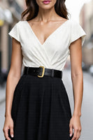 Load image into Gallery viewer, Black and White Satin A Line V Neck Midi Work Dress