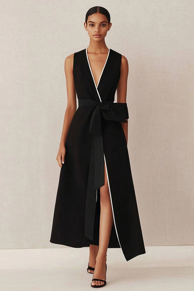Black A Line Satin V Neck Midi Work Dress with Bow
