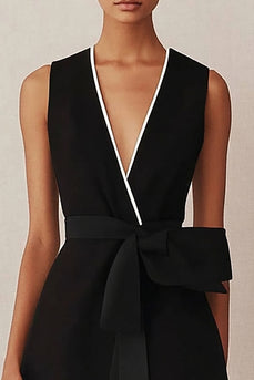 Black A Line Satin V Neck Midi Work Dress with Bow