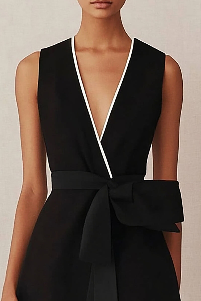 Load image into Gallery viewer, Black A Line Satin V Neck Midi Work Dress with Bow
