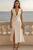 Load image into Gallery viewer, Ivory Bodycon Satin Shawl Lapel Midi Work Blazer Dress with Slit