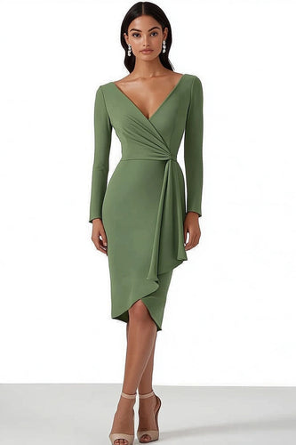Dusty Sage Satin Bodycon Midi Work Dress with Long Sleeves