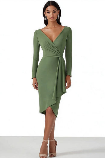 Dusty Sage Satin Bodycon Midi Work Dress with Long Sleeves