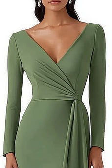 Dusty Sage Satin Bodycon Midi Work Dress with Long Sleeves