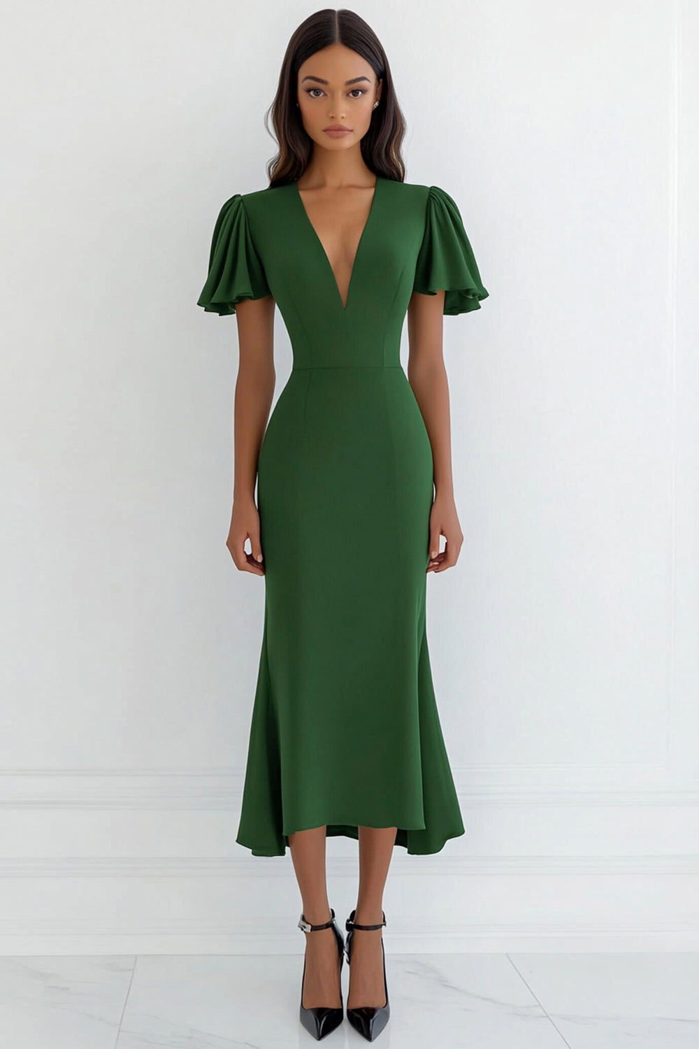 Green V Neck Satin Sheath Long Formal Dress