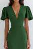 Load image into Gallery viewer, Green V Neck Satin Sheath Long Formal Dress