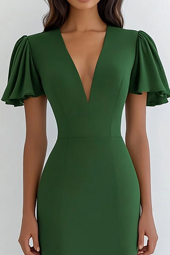 Green V Neck Satin Sheath Long Formal Dress