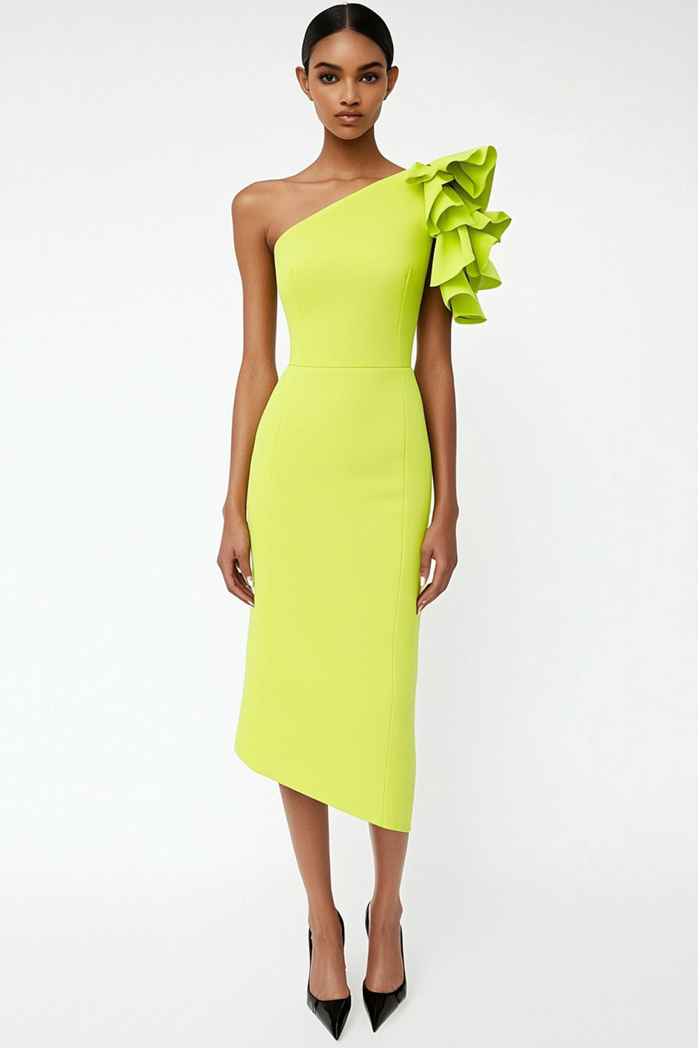 Lemon Yellow Satin Ruffled Sheath Midi Formal Dress