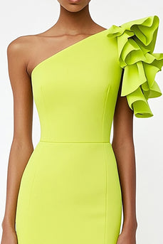 Lemon Yellow Satin Ruffled Sheath Midi Formal Dress
