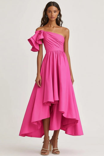 Fuchsia One Shoulder A Line Satin Ruffled Long Formal Dress