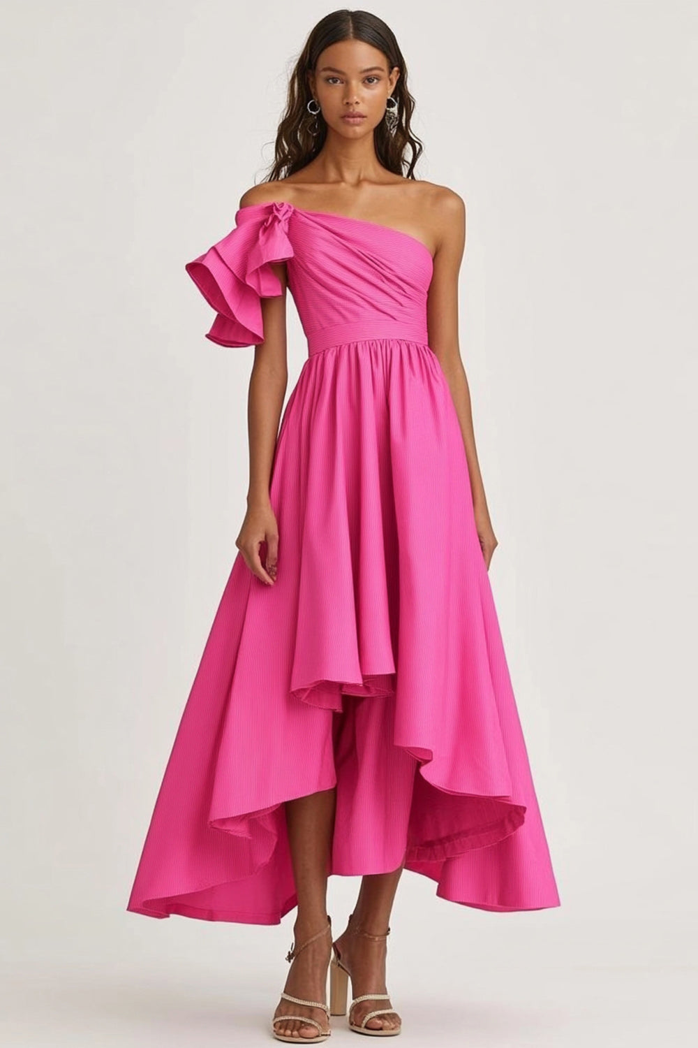 Fuchsia One Shoulder A Line Satin Ruffled Long Formal Dress