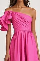 Load image into Gallery viewer, Fuchsia One Shoulder A Line Satin Ruffled Long Formal Dress