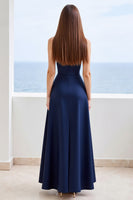 Load image into Gallery viewer, Navy A Line Sweetheart Long Satin Formal Dress with Slit