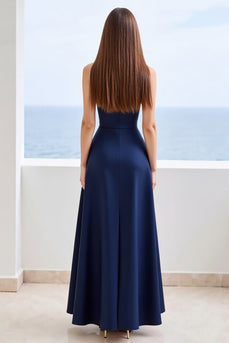 Navy A Line Sweetheart Long Satin Formal Dress with Slit