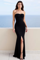 Load image into Gallery viewer, Black Sweetheart Sheath Satin Long Formal Dress with Slit