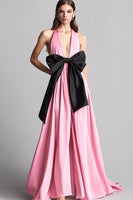 Load image into Gallery viewer, Pink Halter Satin Long Formal Dress with Bow