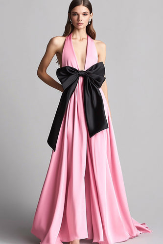 Pink Halter Satin Long Formal Dress with Bow